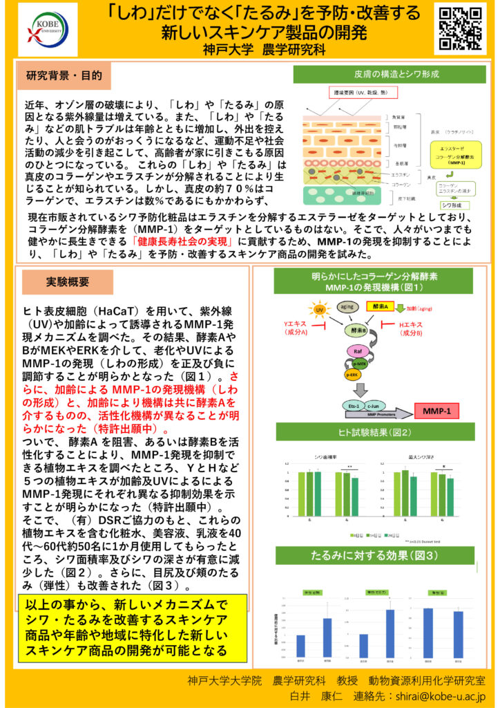 大学見本市で発表したポスター【シワだけでなく「たるみ」を予防・改善する新しいスキンケア製品の開発】